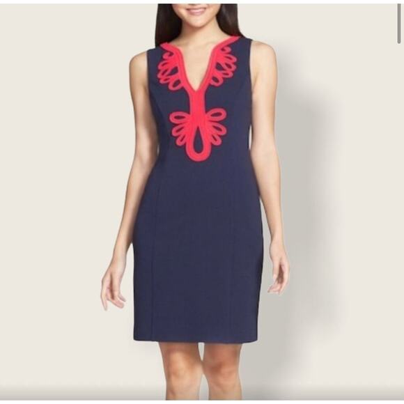 Lilly Pulitzer Sheath Dress XS 0 Navy Coral Sleeveless Embroidered Stretch Knee - Picture 11 of 12